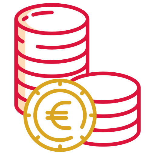 Icoon van twee stapels munten met een munt vooraan waarop een euroteken te lezen is.